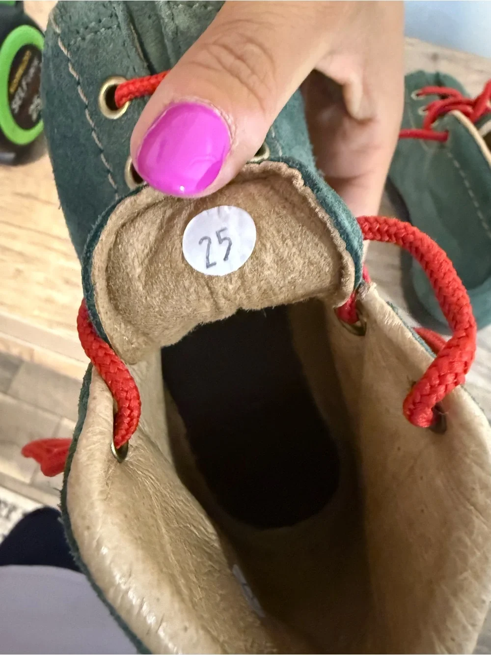 Vero Cuoio Green Suede Kids Boots with Red Laces